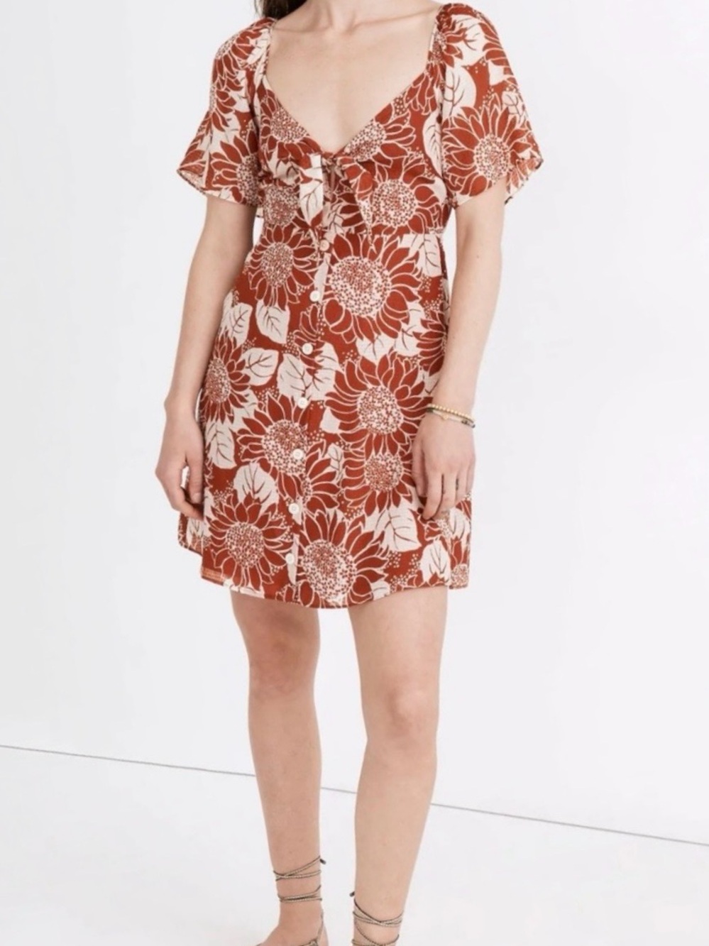 Madewell Rust and Cream Floral Tie-Front Mini Dress
